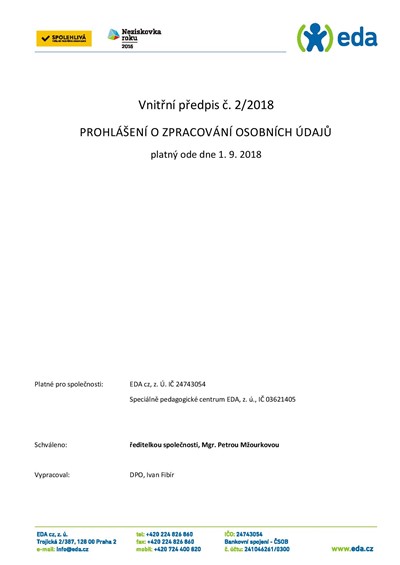 Prohlášení o zpracování osobních údajů platné pro společnost EDA cz, z. ú. a pro Speciálně pedagogické centrum EDA cz, z. ú.